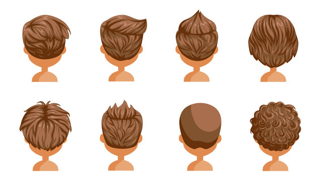 Boy hair rear view set. head of a little boy. cute  child  modern fashion for assortment. long , short , curly hair. salon hairstyles  and trendy haircut of male. vector icon