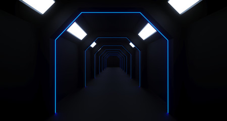 3d rendering of long sci-fi dark corridor with thin blue lights