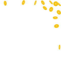Russian ruble coins falling. Scattered sparse RUB coins on white background. Decent abstract right top corner vector illustration. Jackpot or success concept.