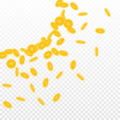 Russian ruble coins falling. Scattered small RUB coins on transparent background. Awesome radiant left top corner vector illustration. Jackpot or success concept.