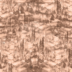  Seamless watercolor pattern, background. dark, brown silhouette of trees, spruce, pine, cedar. Abstract scenic forest landscape.