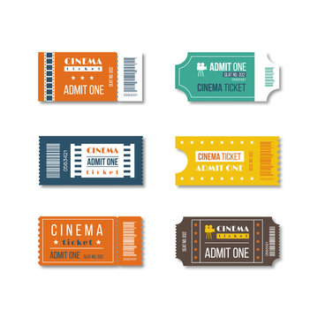 Cinema tickets design in different variants and colors. Isolated on white background. Vector illustration.