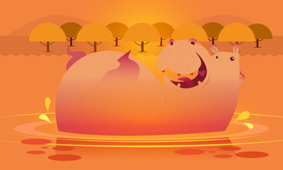 Cute hippo on the water background. Vector illustration