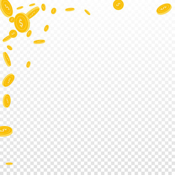 American dollar coins falling. Scattered disorderly USD coins on transparent background. Unique abstract left top corner vector illustration. Jackpot or success concept.