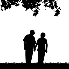 Lovely retired elderly couple walking in the park, one in the series of similar images silhouette