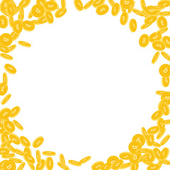 Bitcoin, internet currency coins falling. Scattered small BTC coins on white background. Wondrous corner frame vector illustration. Jackpot or success concept.