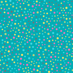 Colorful polka dots seamless pattern on bright 10 background. Mesmeric classic colorful polka dots textile pattern. Seamless scattered confetti fall chaotic decor. Abstract vector illustration.