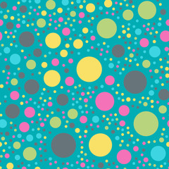 Colorful polka dots seamless pattern on bright 10 background. Fetching classic colorful polka dots textile pattern. Seamless scattered confetti fall chaotic decor. Abstract vector illustration.