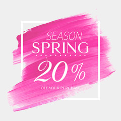 Spring Sale 20% off sign over watercolor art brush stroke paint abstract background vector illustration. Perfect acrylic design for a shop and sale banners.