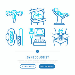 Fototapeta premium Gynecologist thin line icons set: uterus, ovaries, gynecological chair, pregnancy, ultrasound, sanitary napkin, test, embryo, menstruation. Modern vector illustration