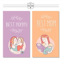 Greeting card mother's day. The best mom. A pretty mother holds cute baby.