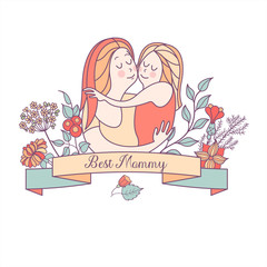 Greeting card mother's day. The best mom. A pretty mother holds cute baby.