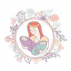 Greeting card mother's day. The best mom. A pretty mother holds cute baby.