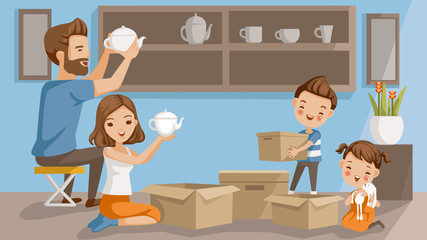 Unpacking boxes Moving house family.Men arranged of ceramics.Woman opening a teapot box. boy holding a box. girl embracing a doll. They are decorating the shelves in the living room.happy family home.