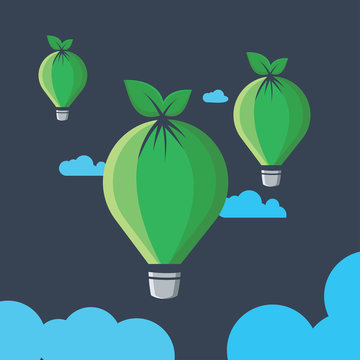 Hot Air Balon With Leaf In Cloud - Vector Illustration