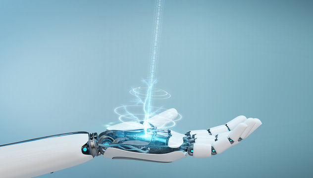 White cyborg opening his hand 3D rendering