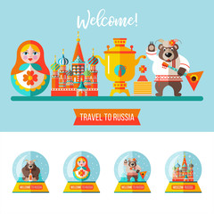 Travelling to Russia. Flat vector illustration. Set of clipart on the Russian theme.