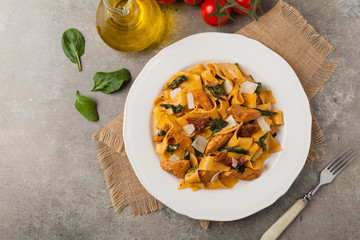 Italian salad, pappardelle pasta, with spinach, grilled chicken and dried tomatoes, sprinkled with...