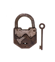 old metal rusty padlock on white background