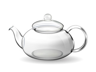 Empty glass teapot on white background. Kettle with closed lid.