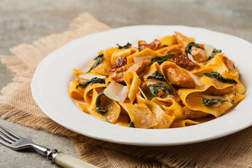 Italian salad, pappardelle pasta, with spinach, grilled chicken and dried tomatoes, sprinkled with flakes of cheese.