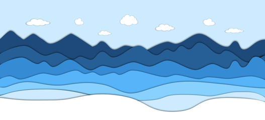 Fototapeta na wymiar Mountains landscape in paper cut style. Cartoon mountain ridges. Vector paper art illustration. Conceptual 3D background.