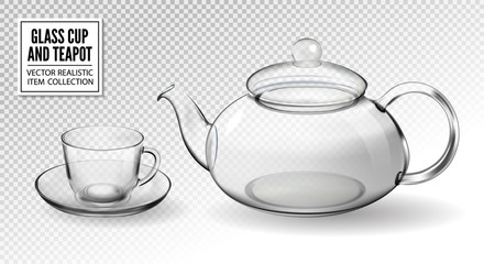 Vector set empty glass tea cups with teapot isolated on transparent background. Realistic 3d vector.