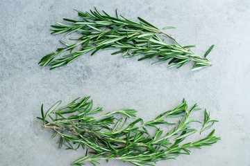 Flatlay with rosemary sprigs arranged on metallic background with text space at the center