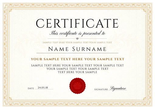 Certificate, Diploma of completion (design template, white background) with Frame, Border, light Guilloche pattern (watermark)
