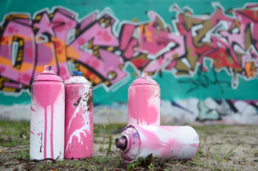 A few used paint cans lie on the ground near the wall with a beautiful graffiti painting in pink...