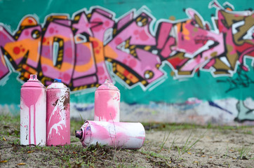 A few used paint cans lie on the ground near the wall with a beautiful graffiti painting in pink...