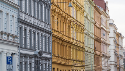 Prague, Czech Republic. Facades of the buildings of the city center with different colors