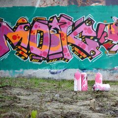 A few used paint cans lie on the ground near the wall with a beautiful graffiti painting in pink...