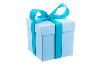 A blue gift box with blue ribbon isolated on white background the image for christmas and new year's day