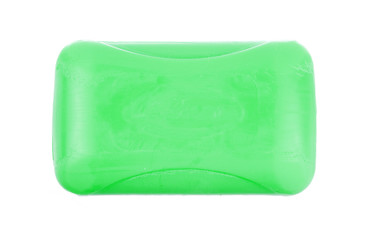 Top view of green hygiene toilet soap isolated on white background