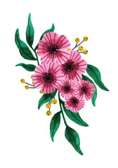 Watercolor bouquet of purple flowers and green leaves. Hand painted floral arrangement