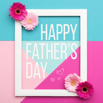 Happy Father's day Pastel Candy Colours Background. Floral flat lay minimalism geometric patterns Father day greeting card with picture frame.