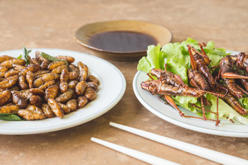Close up of Fried insects in dish with sauce on wooden table.