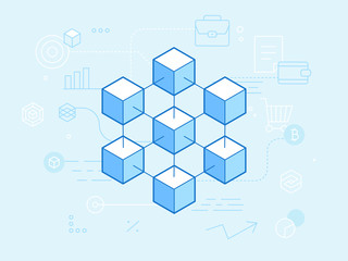 Fototapeta premium Vector flat linear illustration in blue colors - blockchain and cryptocurrency concept