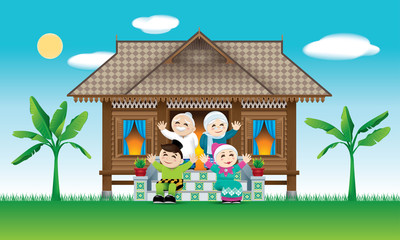 A Muslim family celebrating Raya festival in their traditional Malay style house. With village scene. 