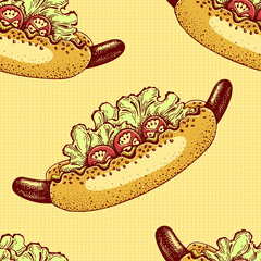 American hot dog sandwich with mustard, tomatoes and salad. Vector seamless pattern with fast food. Hand drawn street food background.