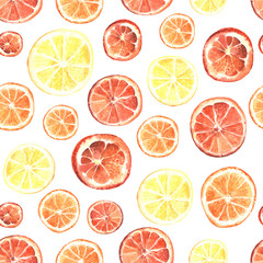 Seamless background with sunny orange slices, in watercolor style.