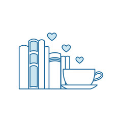 Pile of books and coffee or tea cup with heart symbols. I love reading concept for libraries, book stores, festivals, fairs and schools. Line icon. Vector illustration isolated on white.