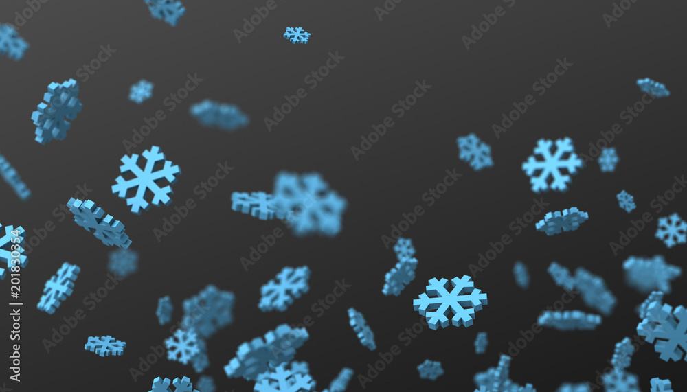 Poster abstract 3d rendering of flying snowflakes shapes. winter background with bokeh effect. design for p
