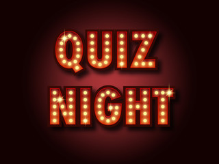 Naklejka premium Quiz night announcement poster. Vintage styled light bulb box letters shining on dark background. Questions team game for intelligent people. Vector illustration, glowing electric sign in retro style.