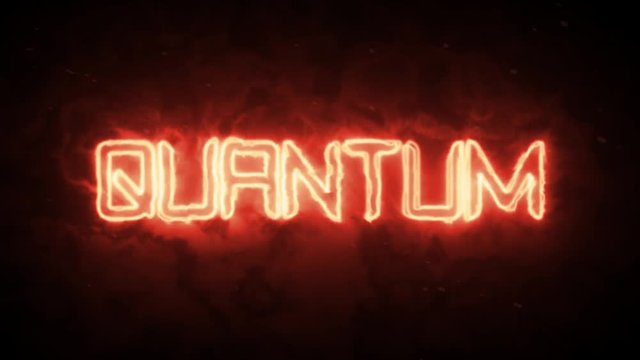 Quantum word text from hot burning letters on dark background