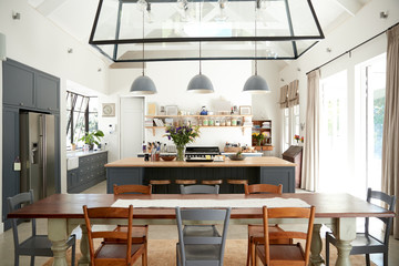 Open plan kitchen diner in a period conversion family home