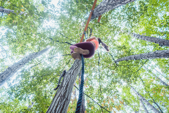 Very fit and athletic woman climbing a rope tied to a tree