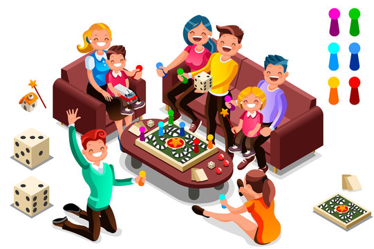 Adults leisure, board games isometric people activity. Cartoon illustration for web banner, infographics, hero images. Flat isometric characters, vector illustration isolated on white background.