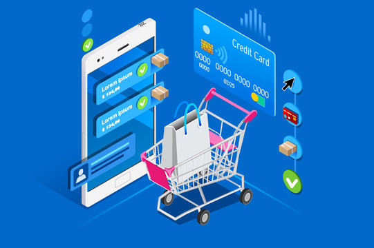 Cart and shopping interface on user phone, isometric concept. Shopping illustration for web banner, infographics, hero images. Flat isometric vector illustration isolated on blue background.